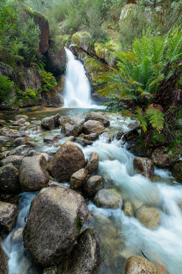 Waterfall Flowing Near Lots Rocks Print 100% Australian Made Stretched Canvas Ready to Hang - 1101