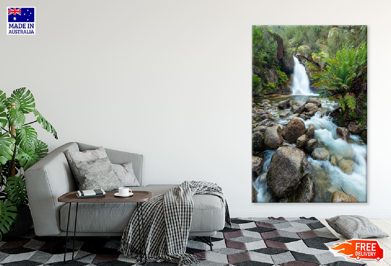 Waterfall Flowing Near Lots Rocks Print 100% Australian Made Stretched Canvas Ready to Hang - 1101