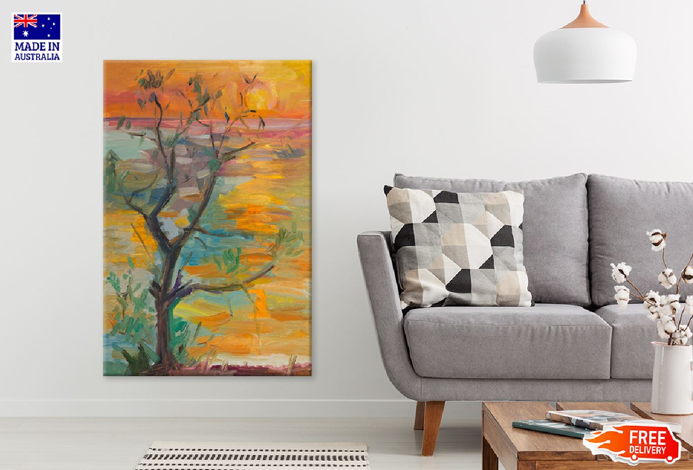 Tree with Sunset Oil Painting Print 100% Australian Made Stretched Canvas Ready to Hang - 1779