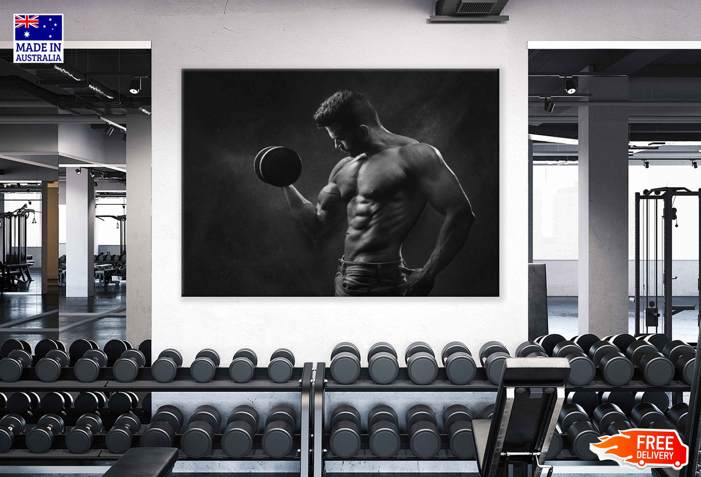 Body Builder Workout in Gym B&W Print 100% Australian Made Stretched Canvas Ready to Hang - 2250