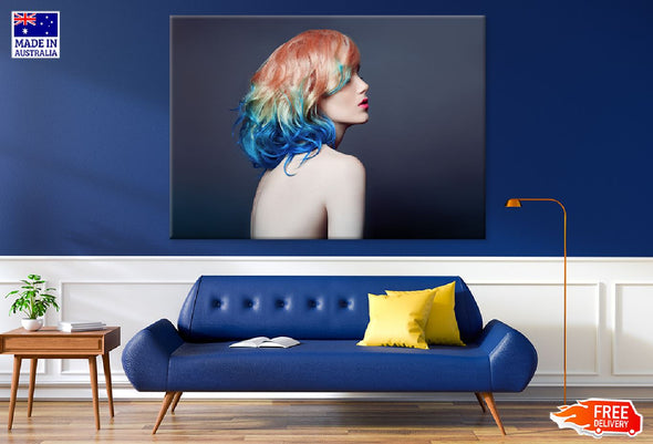 Fashion Girl With Short Blue Hair Print 100% Australian Made Stretched Canvas Ready to Hang - 1296