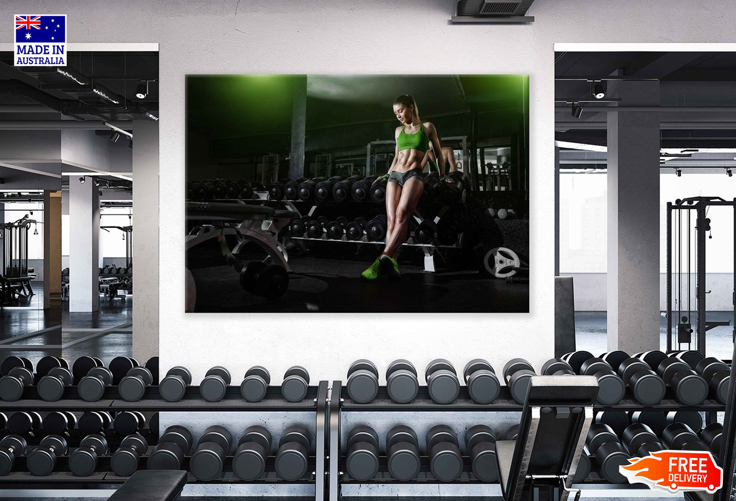 Athletic Woman lean on Dumbbell Row Print 100% Australian Made Stretched Canvas Ready to Hang - 2192