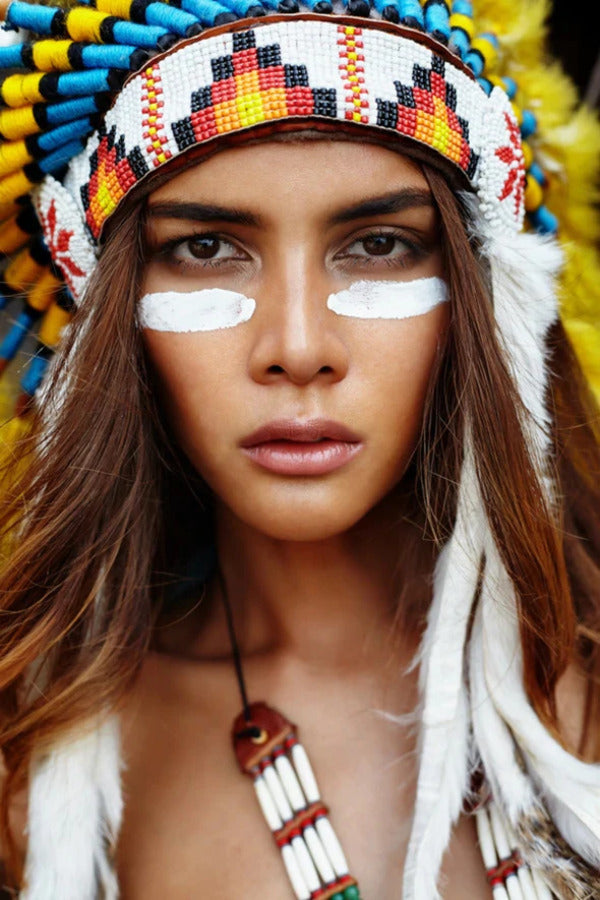 Female Portrait Tribal War Feather Headdress Photograph Print 100% Australian Made Stretched Canvas Ready to Hang - 1965