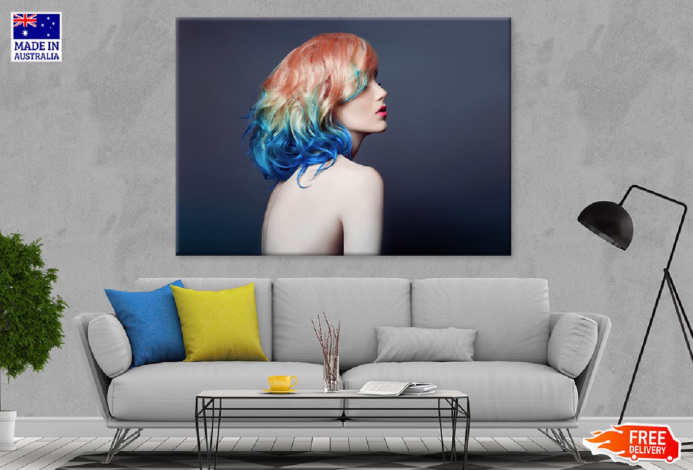 Fashion Girl With Short Blue Hair Print 100% Australian Made Stretched Canvas Ready to Hang - 1296