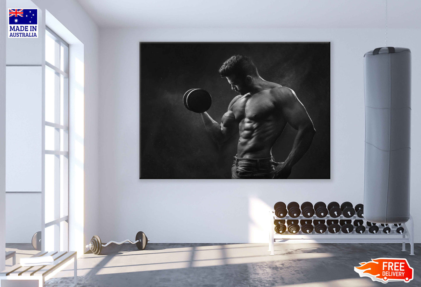 Body Builder Workout in Gym B&W Print 100% Australian Made Stretched Canvas Ready to Hang - 2250