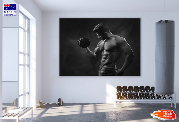 Body Builder Workout in Gym B&W Print 100% Australian Made Stretched Canvas Ready to Hang - 2250