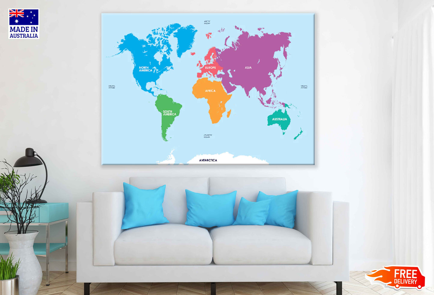 Continents of the World Map Vector Art Print 100% Australian Made Stretched Canvas Ready to Hang - 2291