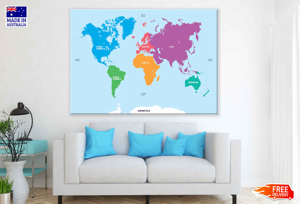 Continents of the World Map Vector Art Print 100% Australian Made Stretched Canvas Ready to Hang - 2291