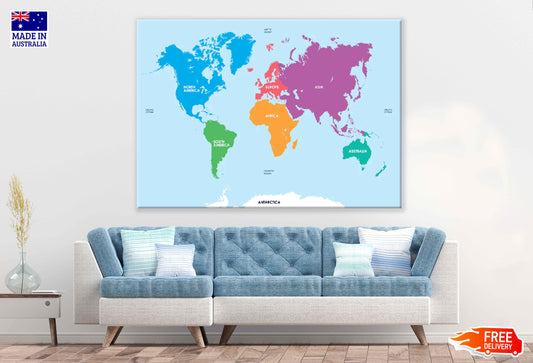 Continents of the World Map Vector Art Print 100% Australian Made Stretched Canvas Ready to Hang - 2291