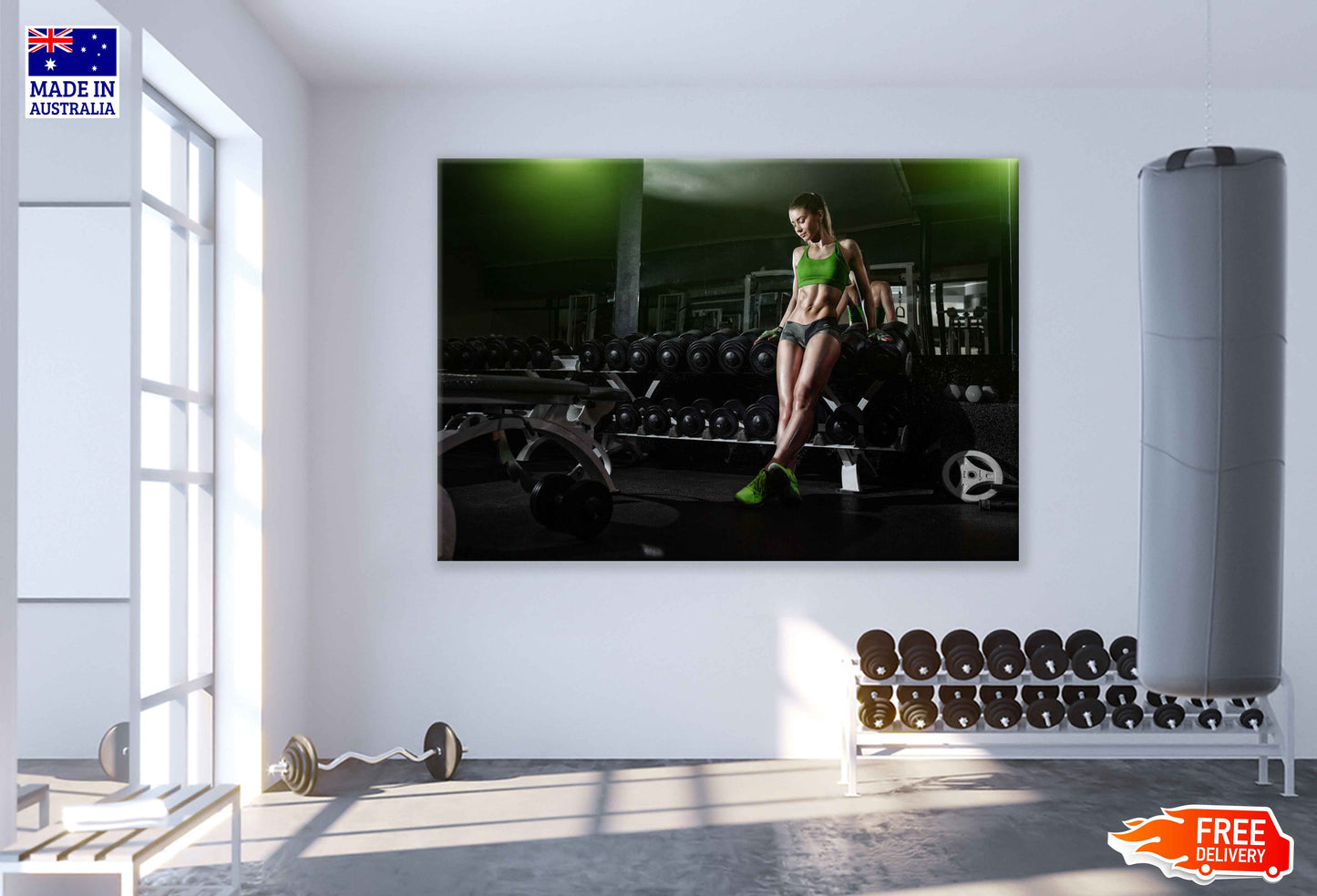 Athletic Woman lean on Dumbbell Row Print 100% Australian Made Stretched Canvas Ready to Hang - 2192