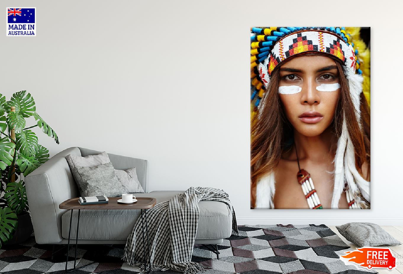 Female Portrait Tribal War Feather Headdress Photograph Print 100% Australian Made Stretched Canvas Ready to Hang - 1965