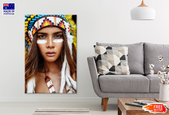 Female Portrait Tribal War Feather Headdress Photograph Print 100% Australian Made Stretched Canvas Ready to Hang - 1965