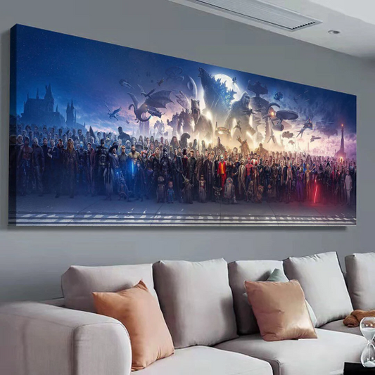 150 Movie Blockbuster Characters Panorama Stretched Canvas Wall Art wall art New Superhero's