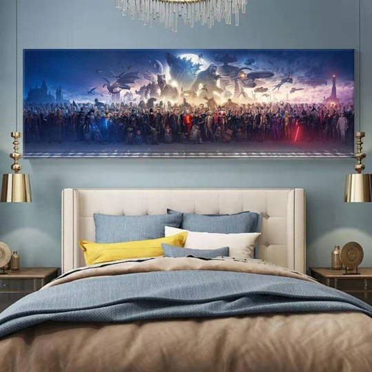 150 Movie Blockbuster Characters Panorama Stretched Canvas Wall Art wall art New Superhero's